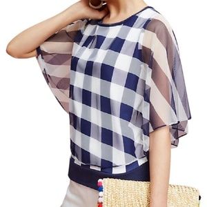 Anthropologie Navy and White Gingham Cape Blouse